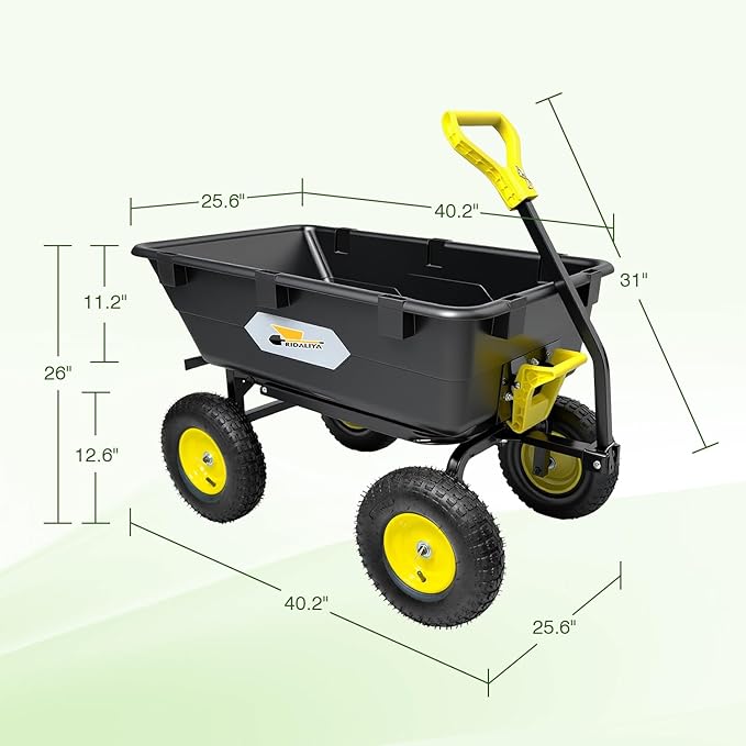 Garden Dump Cart, Heavy-Duty Utility Wagon with 1200 lbs Capacity, 6 Cu Ft Bed, 12.6" Pneumatic Tires, 180° Pivot Steering for Yard, Lawn, and Beach Use