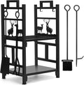 INNO STAGE Firewood Rack Fireplce Firepit Tools Set Double Layer Iron Wood Log Holder for Fire Place Outdoor Indoor Accessories-Brush, Shovel, Tong, Hook