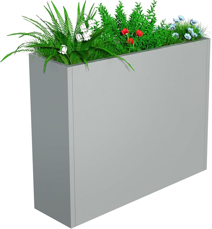 Metal Planter, 38L x 10W x 30H, Heavy Duty Tall Planters for Outdoor Plants, Planters with Removable Insert Shelf, Large Planters with Drainage Holes for Porch, Patio and Yard, Grey