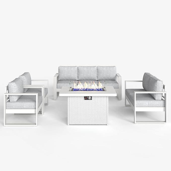 LayinSun 5 Pieces Aluminum Outdoor Patio Furniture Set, Metal Modern Conversation Sofa Set with Fire Pit Table and Washable Thick Cushions for Porch, Backyard, Deck