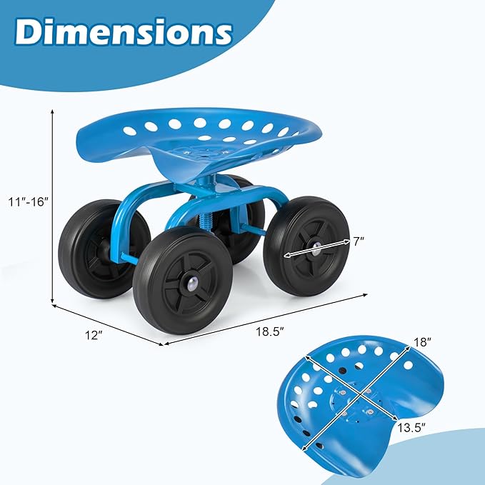 Goplus Garden Cart with Wheels, Utility Stool Cart w/Adjustable 360 Degree Swivel Seat, Outdoor Lawn Yard Rolling Work Seat, Garden Scooter for Planting (Blue)