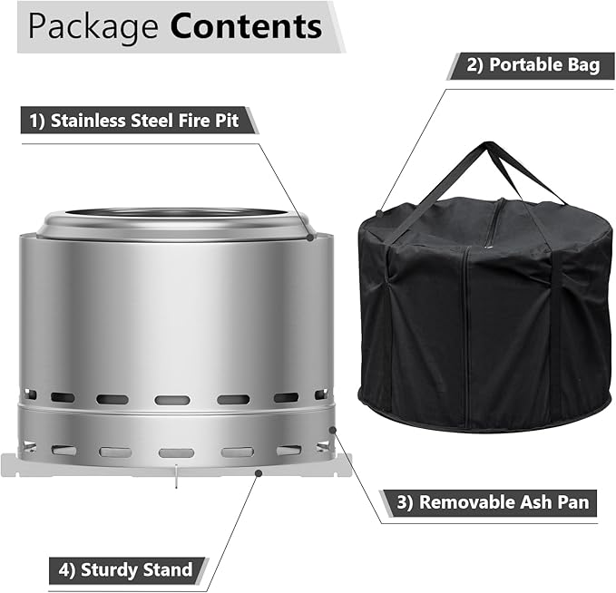 ROOMTEC 19.5" Smokeless Fire Pit, Portable Wood Burning Firepit with Stand and Bag, Easy Clean Bonfire with Removable Ash Pan, Low Smoke Fireplaces for Camping, Patio and Outside