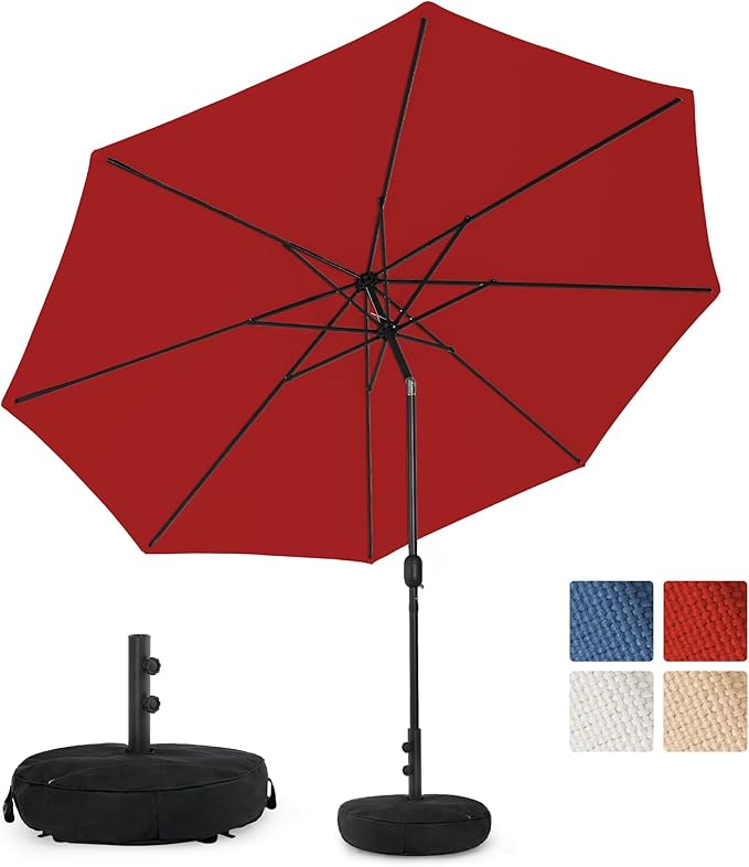 Sundale Outdoor Olefin 5-Year-Non-Fading Patio Umbrella with Sand Bag Umbrella Base, Outdoor Umbrella with Tilt and Crank
