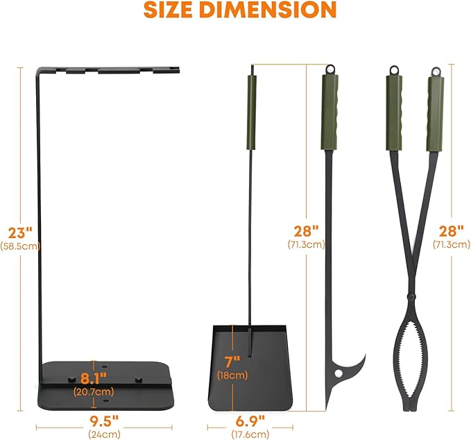 Stanbroil 3Pcs Fire Pit Tools Set, 28" Fire Poker and Fire Log Tongs Shovel, Wrought Iron Large Fireplace Tools Set with Metal Base and Rubber Handle for Campfire Bonfire