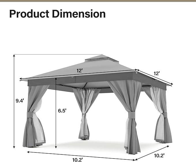 LAUSAINT HOME Gazebo 12x12ft, Heavy Duty Patio Gazebo with Expansion Bolts, Party Canopy Tent with Double Roofs, Mosquito Nettings and Privacy Screens for Backyard, Garden, Lawn, Grey