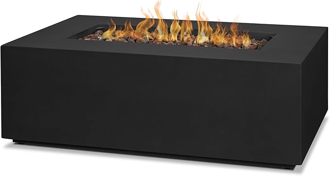 Real Flame Aegean 42in Rectangle Propane or Natural Gas Fire Pit Table, 50,000 BTU, Powder-Coated Steel, Push-Button Ignition, CSA Certified, Lava Rock, Storage Cover, Stainless Steel Burner with Lid