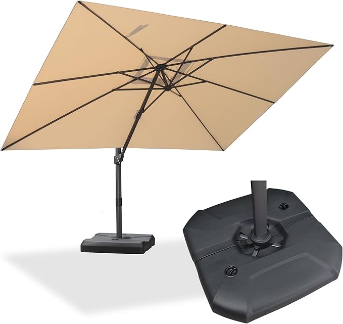 PURPLE LEAF 9' × 11.5' Outdoor Cantilever Umbrella with Base Patio Rectangle Adjustable Offset Umbrellas with 360-degree Rotation and 8 Heavy Duty Metal Ribs for Garden Deck Pool Beige