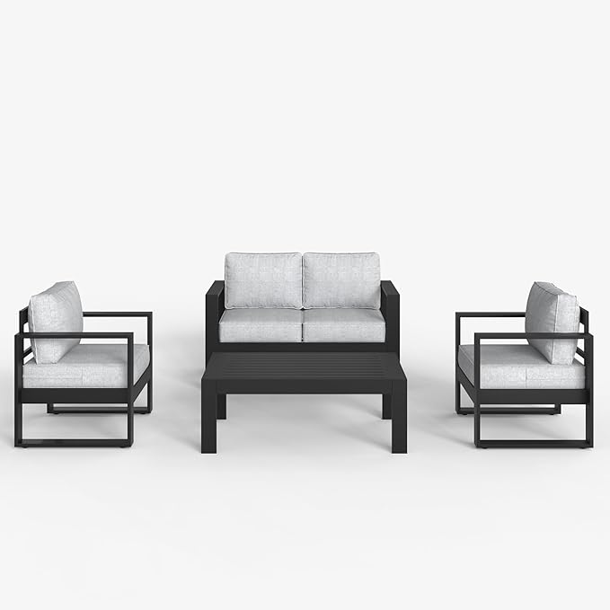 LayinSun 4 Pieces Aluminum Outdoor Patio Furniture Set, Metal Modern Conversation Sofa Set with Coffee Table and Washable Thick Cushions for Porch, Backyard, Deck