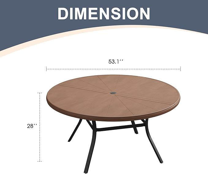VICLLAX Round Patio Dining Table, 6-8 Person Aluminum Outdoor Dining Table with Umbrella Hole and Storage Shelf for Garden Lawn Deck, 53" Walnut
