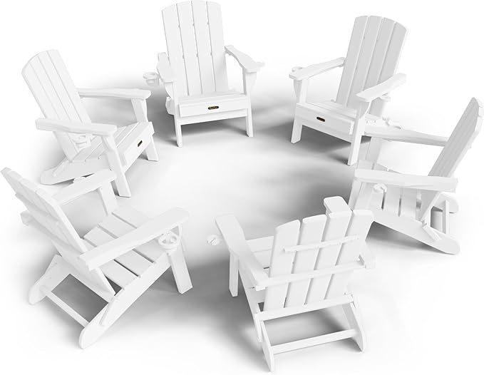 Folding Adirondack Chair 6 Pack, HDPE All-Weather Fire Pit Chairs, Plastic Adirondack Chairs with 2 Cup Holder, Outdoor Lawn Chair for Patio Garden (White)