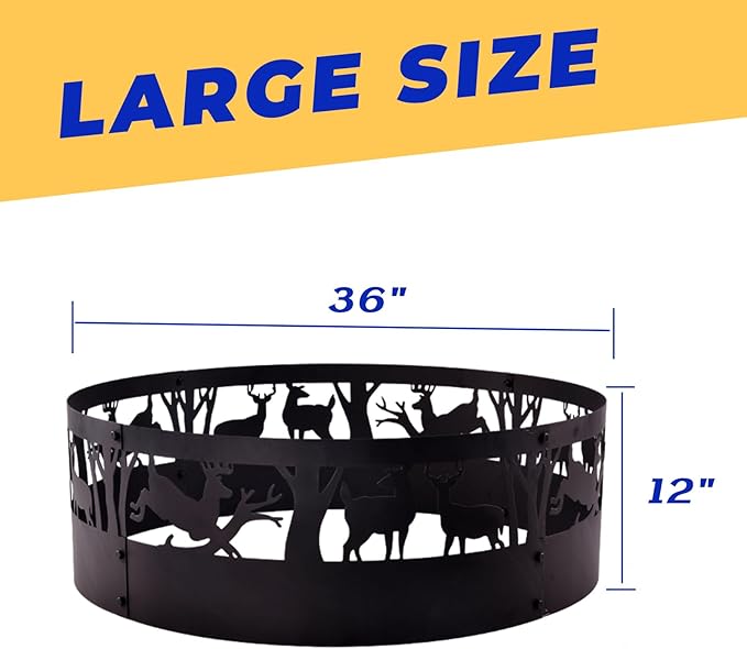 Fire Pit Ring Outdoor Steel: Heavy Duty Round Firepit Ring with Patterned Cutouts for Backyard Camping & Beach Bonfires 36Inch