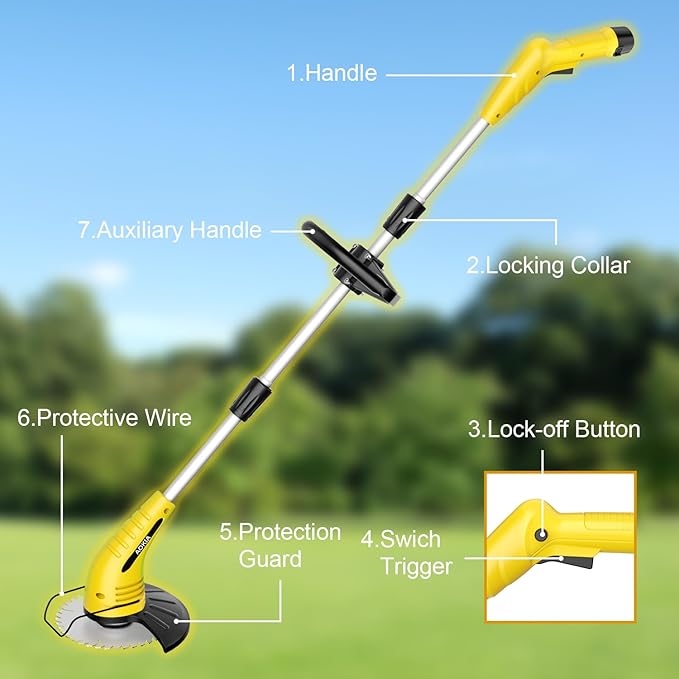 Aokia Electric Weed Wacker Cordless, 12V Battery Powered Weed Eater Cordless with Adjustable Pole (65inch), Lightweight Grass Trimmer Cutter/Edger/Mower with 2 Types Blade for Garden, Yard Lawn Work