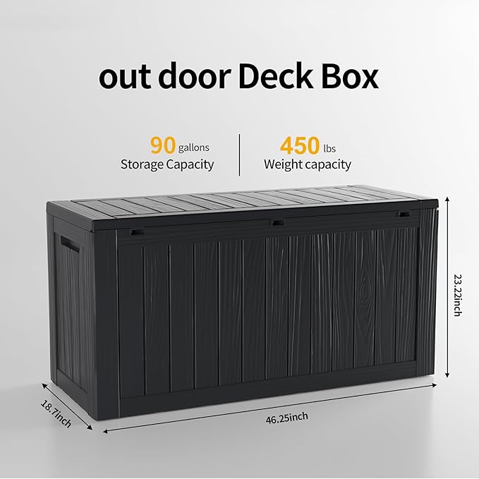 90 Gallon Deck Box Large Outdoor Storage for Patio Furniture,Outdoor Cushions,Garden Tools and Pool Supplies,Waterproof,Resin,Lockable (Black,90 Gallon)