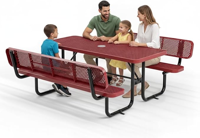 Commercial Heavy-Duty Metal Picnic Table with Backrest - ADA Compliant, Adjustable Seats, Umbrella Hole, Expanded Metal (Red, 6' Rectangular with Back)