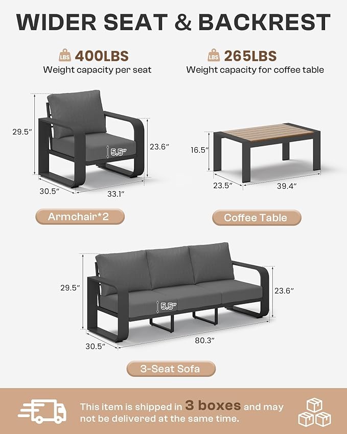 Oasbira Aluminum Outdoor Patio Furniture Set, 4 Piece Oversized Patio Conversation Sets Widened Armrest & Ultra-Thick Cushions, Heavy Duty Modern Sectional Furniture for Backyard, Porch, Graphite