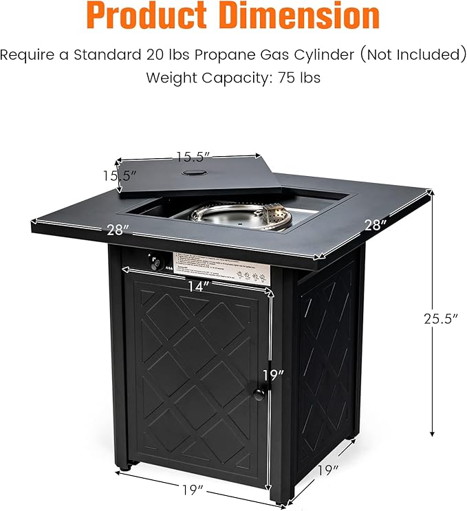Tangkula 28 Inches Outdoor Propane Fire Pit Table, Patiojoy 50,000 BTU Patio Gas Fire Pit Table, 2-in-1 Square Auto-Ignition Fire Table with Lid and Lava Rocks for Backyard, Party