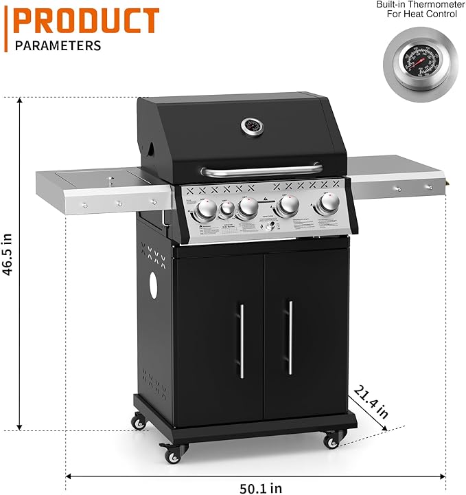 SKOK 4+1 Burners Gas Grill with Infrared Side Burners, Outdoor BBQ Grill with Cast Iron Grates, Barbecue Grill with Wheels, 60,000BTU Output