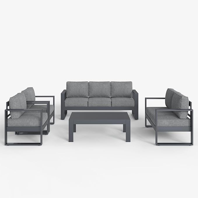 LayinSun 5 Pieces Aluminum Outdoor Patio Furniture Set, Metal Modern Conversation Sofa Set with Coffee Table and Washable Thick Cushions for Porch, Backyard, Deck