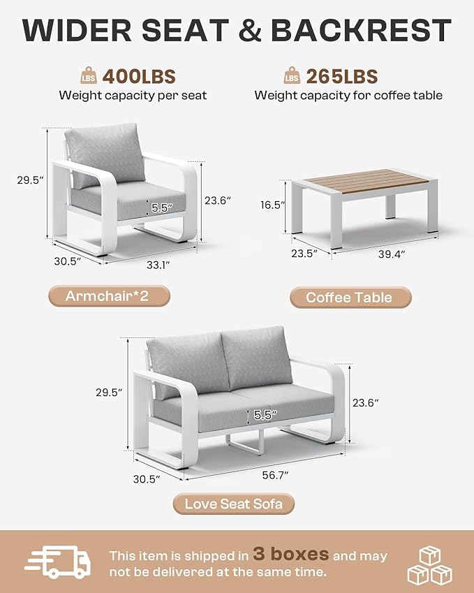Oasbira Aluminum Outdoor Patio Furniture Set, 4 Piece Oversized Patio Conversation Sets Widened Armrest & Ultra-Thick Cushions, Heavy Duty Modern Sectional Furniture for Backyard, Deck, White