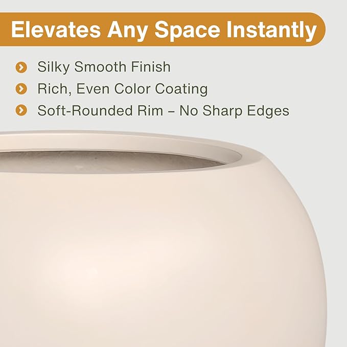 9.7"H x 12"D Globo Fiberstone Round Planter - Christmas Tree Planter, Smooth Finishes, Weather Resistant for Indoor & Outdoor Use, Included 2 Extra Coco Mats (Kilim Beige, 7.8" Pot Opening)