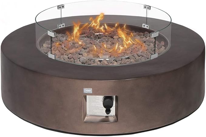 COSIEST Outdoor Propane Fire Pit Coffee Table w Bronze 42 inch Round Base Patio Heater, Certified, 50,000 BTU Stainless Steel Burner, Wind Guard, Tank Outside, Free Lava Rocks, Waterproof Cover