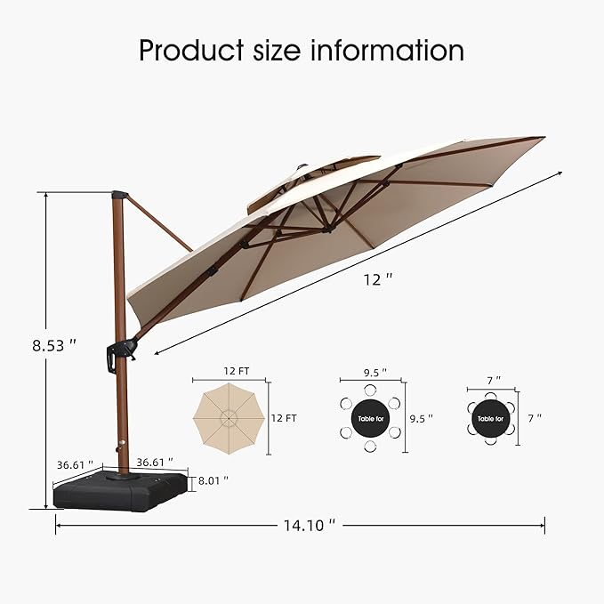 PURPLE LEAF Cantilever Umbrella with Base Outdoor Round Umbrellas Large Cantilever Umbrella Windproof Offset Heavy Duty Sun Umbrellas for Garden Deck Pool Patio, 12ft Beige