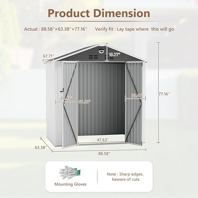 8X6 FT Outdoor Storage Shed, Metal Garden Shed - Tool Storage Sheds with Lockable Doors, Waterproof Outside Storage Building for Backyard, Patio (White; Floor Not Included)