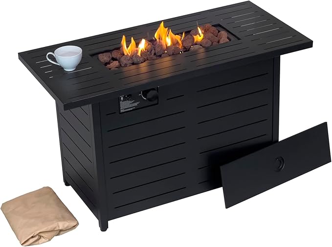 Mazatzal 42 Inch Propane Fire Pit Table, 60,000 BTU Outdoor Tabletop Fire Pit with Lid, Weather Cover, Lava Rock, Rectangular Steel Gas Fire Pit for Outside, Patio, Backyard, CSA-Certified, Black