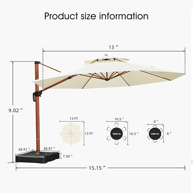 PURPLE LEAF Cantilever Umbrella with Base Outdoor Round Umbrellas Large Cantilever Umbrella Windproof Offset Heavy Duty Sun Umbrellas for Garden Deck Pool Patio, 13ft Cream