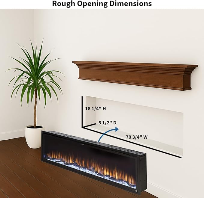 Touchstone Sideline Elite Smart 72” WiFi-Enabled Electric Fireplace - 80038 - in-Wall Recessed - 60 Color Combinations - 1,500W Heater - Black - Log, Crystals & Driftwood