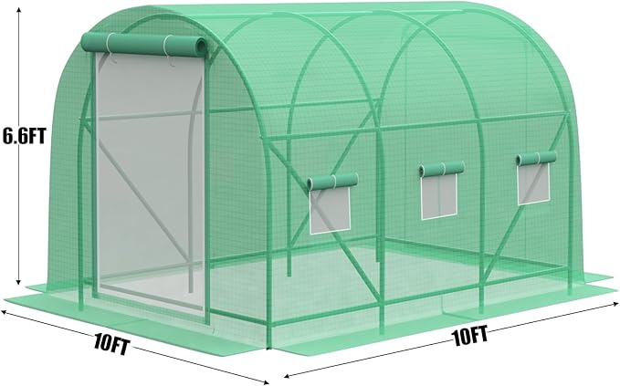 Greenhouse with Watering System, 10x10x7 Outdoor Greenhouses with 6 Mesh Windows and 1 Door, Easy Water and Irrigate Plants Green House (Green, 10x10x7 ft w/ Irrigation System)