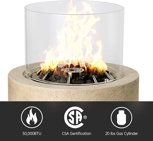 16 inch Propane Fire Column, 50,000 BTU Outside Gas Fire Pit with Glass Wind Guard, Lava Rocks for Outside Patio, Garden, Backyard