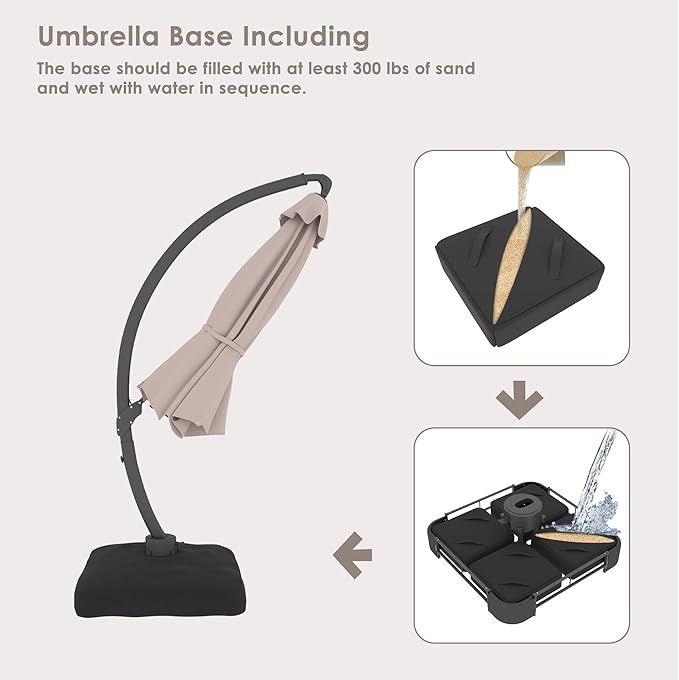 ENSTVER 11FT Cantilever Patio Umbrella With Base Included, Round Large Aluminum Outdoor Cantilever, Heavy Duty Offset Umbrella with 360°Rotation for Pool, Deck, Backyard, Garden(Champagne)