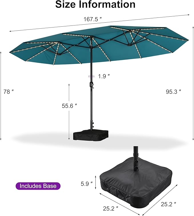 PURPLE LEAF 14ft Patio Market Umbrella with Solar LED and Base Double-Sided Rectangle Outdoor Table Sun Umbrellas with Crank for Pool Beach Deck Backyard Turquoise Blue