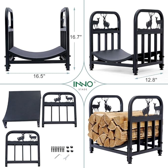 INNO STAGE Firewood Log Rack, Iron Wood Lumber Storage Holder for Fireplace, Heavy Duty Log Storage Bin for Firepit Stove Accessories Indoor - Perfect Construction - No Any Screw to Install
