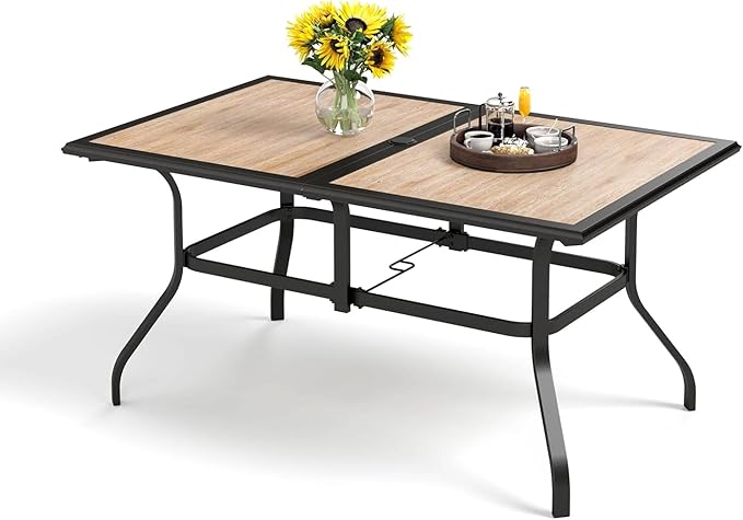 PHI VILLA Outdoor Dining Table for 6, 60" Metal Rectangle Metal Steel Table with Polywood Tabletop, Modern Long Furniture for Patio, Deck, Porch, Yard