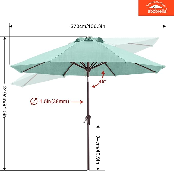 ABCCANOPY OLEFIN® 5-Year No Fading 9FT Patio Umbrella, Outdoor Table Umbrella with 8 Sturdy Ribs for Deck, Backyard, Yard (Light Blue)