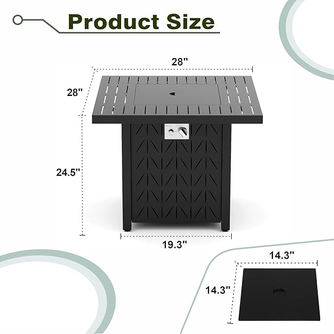 Dineli 28-Inch Square Propane Fire Pit Firepits for Outside Patio Fire Pit Table, Gas Fire Pits with Adjustable Feet, Tabletop Fire Pits for Backyard Deck Balcony, 50,000 BTU, Leaf Pattern - Black