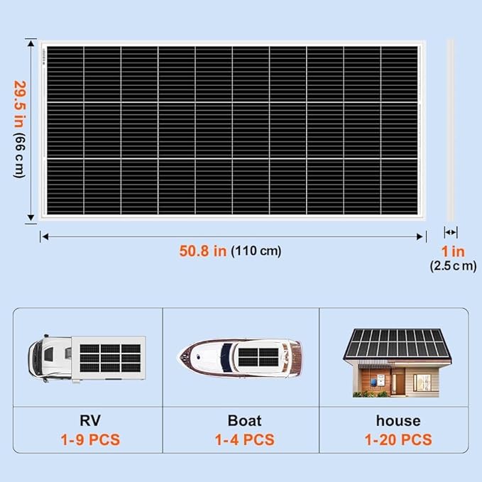 DOKIO 200W Monocrystalline Solar Panel 12V, 12BB Half-Cell High Efficiency Glass Module with Aluminum Frame, MC4 Connector, Pre-Drilled Holes for RV, Roof, Off-Grid Power