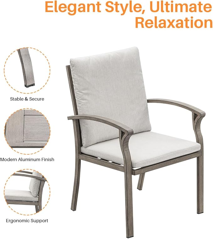 SEEHILL Patio Dining Chairs Set of 4, Aluminum Outdoor Dining Chairs with Thick Cushion, Patio Outdoor Chair Set for Table, Patio Chair Furniture Set for Deck, Backyard, Garden, Pool, Limed Oak