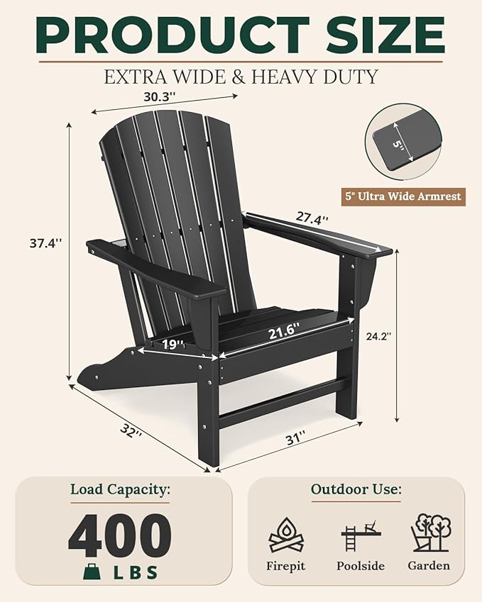 BRIOPAWS Adirondack-Chairs-Set of 4 | Black | Fire Pit Chair | Oversized | HDPE Plastic | All Weather | for Deck Outdoor Poolside Campfire
