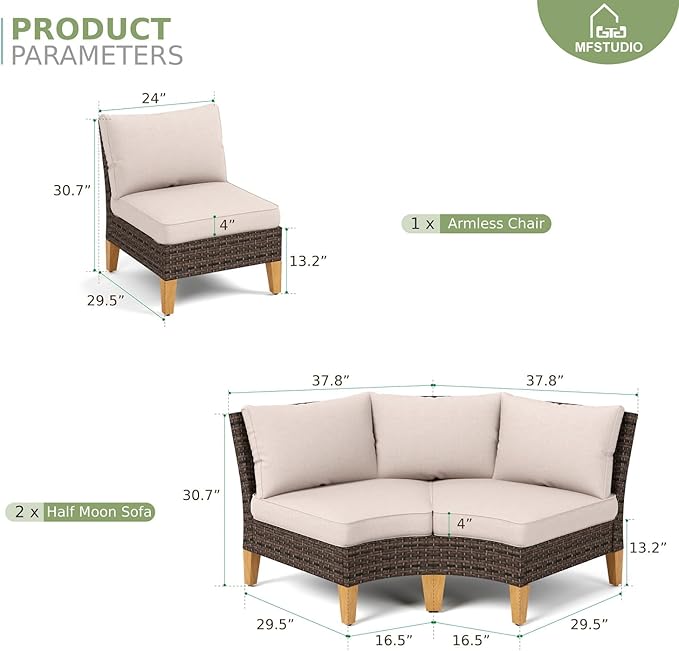 MFSTUDIO 5 Pieces Large Wicker Patio Furniture Set, All-Weather Rattan Outdoor Half-Moon Curved Sectional Sofa Set, Patio Conversation Set for Garden, 4 x Curved Sofa, 1 x Armless Sofa(Beige Cushion)