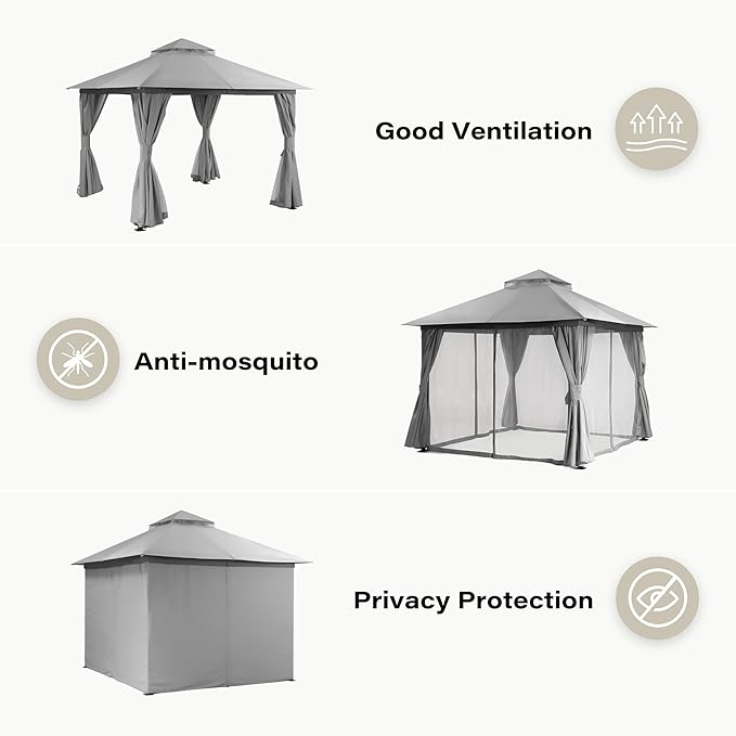 LAUSAINT HOME Gazebo 10x10ft, Heavy Duty Patio Gazebo with Expansion Bolts, Party Canopy Tent with Double Roofs, Mosquito Nettings and Privacy Screens for Backyard, Garden, Lawn, Grey