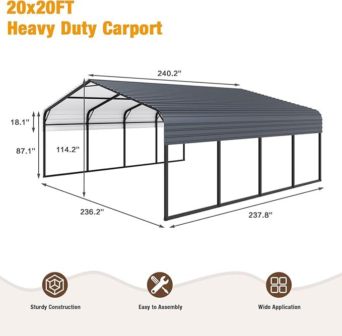 EBE 20' x 20' Metal Carport, Outdoor Heavy Duty Carports with Updated Galvanized Roof and Enhanced Base, Canopy Carport Garage Shade for Car, Truck, Boat