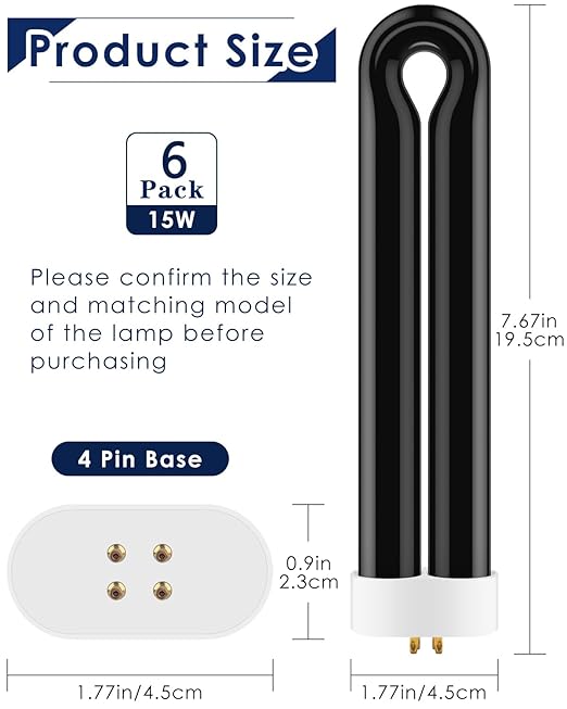 6Pack FUL15W BL Replacement Bulbs with 4 Pin Base, Indoor Outdoor 15W U Shape Lamp Tube Compatible with T6 T8 T9(Black)