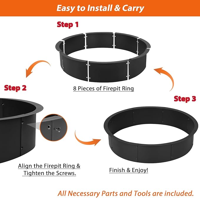 36" Fire Pit Ring Insert, YAHKBTEN Smokeless Heavy Duty Steel Fire Pit for Outdoor, 36"/39" In-Ground Campfire Ring - Portable DIY Frame, Rust-Resistant Backyard Bonfire, Camping & BBQ Essentials