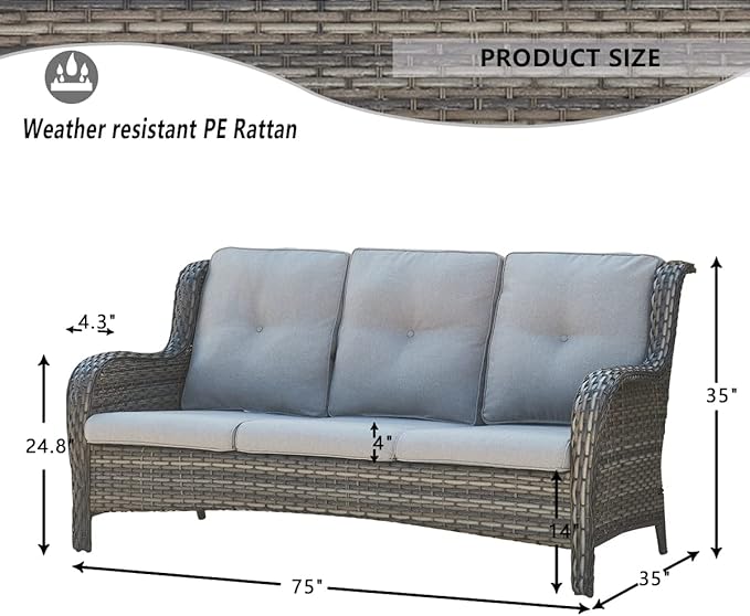 HUMMUH 3 Piece Patio Furniture Set All Weather Wicker Outdoor Sectional Sofa Manual Weaving Rattan High Curved Back Patio Couch with Ottomans