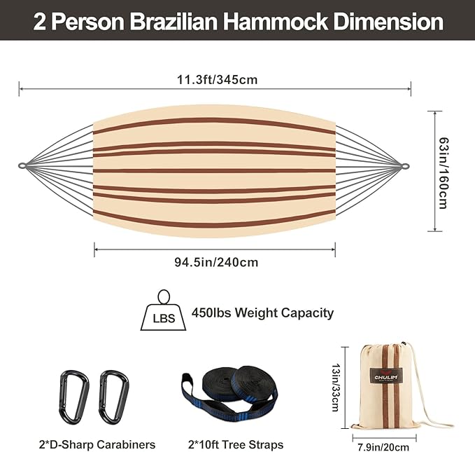 CHULIM Brazilian Double Hammock with Tree Straps,Extra Large 94x63IN,2 Persons Hammock for Backyard Patio Outdoor and Indoor,450lbs Weight Capacity,Soft Woven Cotton Fabric - Beige Brown Stripe