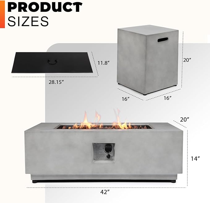 2 Pieces 42-Inch Outdoor Propane Fire Pit Table w/Tank Cover - 50,000 BTU, CSA-Certified Concrete Rectangle Firepits | Integrated Ignition, Steel Lid, Lava Rocks & Rain Cover Included
