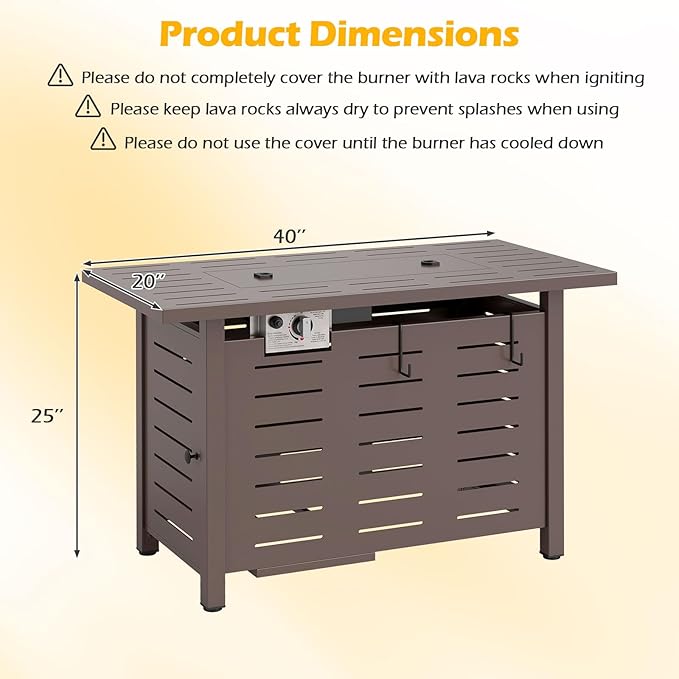 Tangkula Outdoor Propane Fire Pit Table, 40 Inch ETL Certified Outside Rectangle Gas Fire Table with Lava Rocks, Removable Lid and Protective Cover for Patio, Garden, Deck and Backyard (Brown)